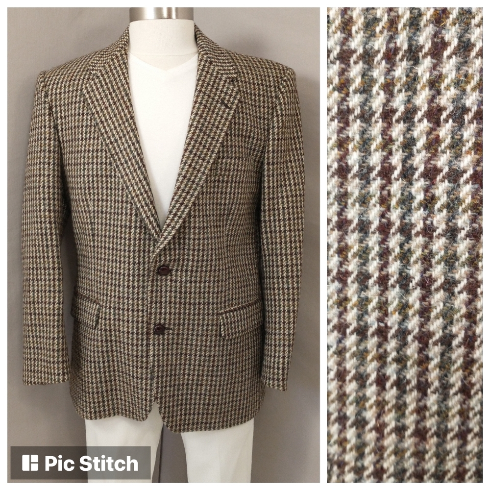 St Michael Harris Tweed Sport Coat UK mde Blazer Houndstooth Check Scottish Wool